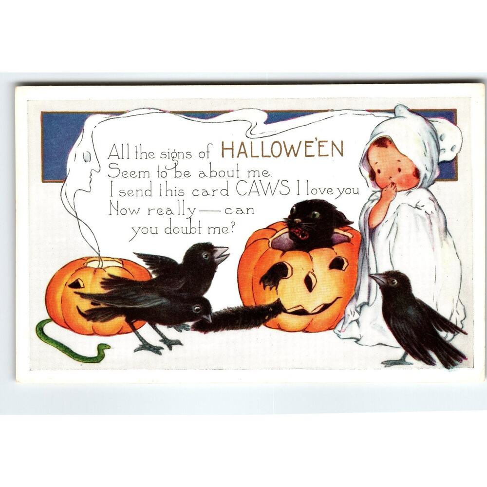 Vintage Whitney 1907 Halloween Lithograph Postcard Ghost, Cats & Crows